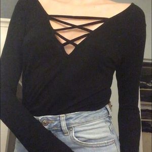 Boohoo Black Strappy Long-Sleeved Shirt